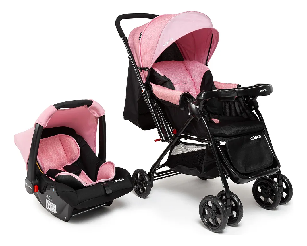 Carrinho de Bebê Travel System Cosco Kids Reverse, Rosa Rajado, 0 a 15kg